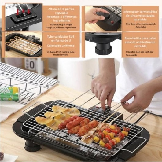 Elektrischer Grill 2000W Schwarz 3-fach verstellbar Antihaft-Oberfläche Edelstahl