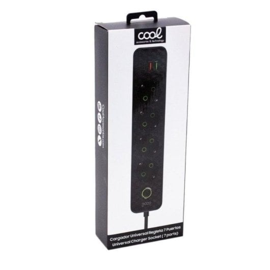 Régua de tomadas COOL Multipuerto 7 tomadas 4 EU 2 USB-A 1 USB-C proteção reforçada 1200 W preta