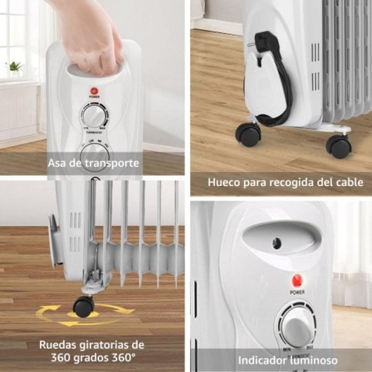 Radiador Eléctrico 2500W 11 elementos silencioso termostato ajustable apagado automático ruedas