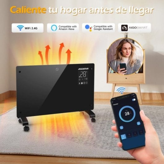 Radiador Eléctrico Wifi 2000W 77x46 cm con control remoto y pantalla LED, temporizador y kit de pared