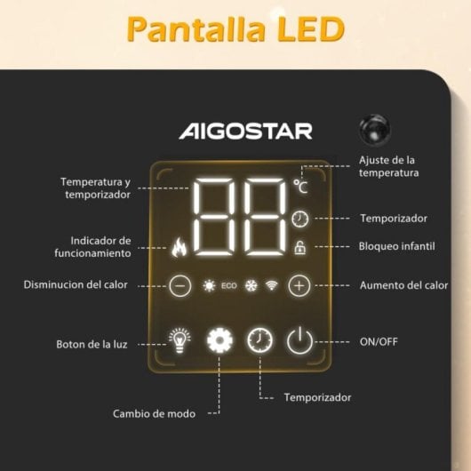 Radiador Eléctrico Wifi 2000W 77x46 cm con control remoto y pantalla LED, temporizador y kit de pared