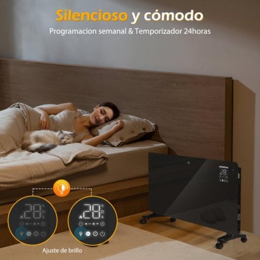 Radiador Eléctrico Wifi 2000W 77x46 cm con control remoto y pantalla LED, temporizador y kit de pared