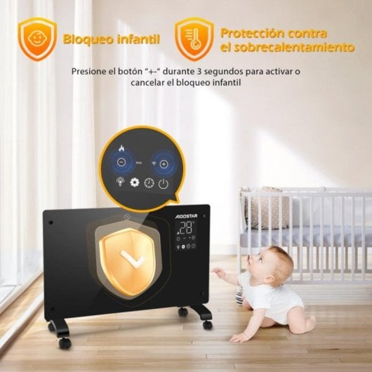 Radiador Eléctrico Wifi 2000W 77x46 cm con control remoto y pantalla LED, temporizador y kit de pared