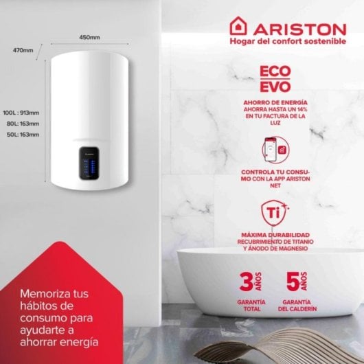 Termo eléctrico Ariston Lydos Wifi 100L 1500W vertical conectividad wifi filtro antical