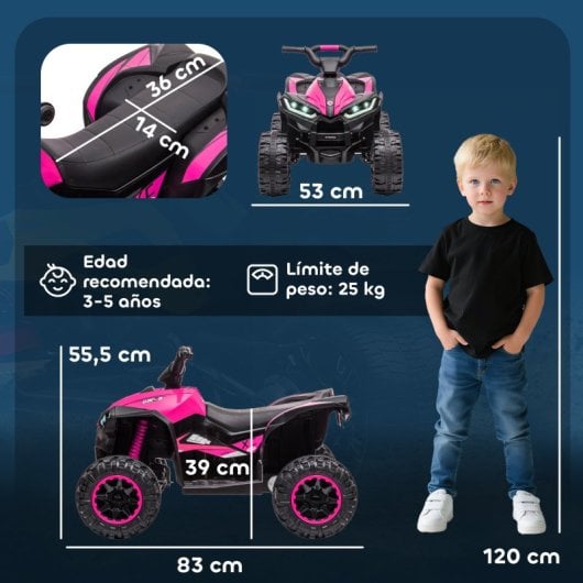 Homcom Quad Eléctrico Para Niños 3-5 Años 12v Con 2 Motores Faros Bocina Rosa
