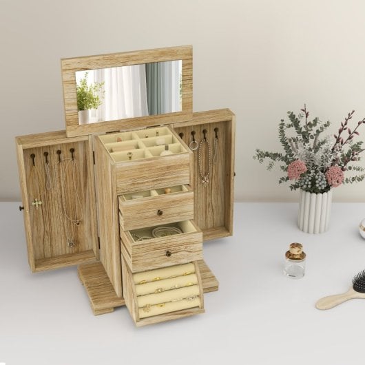 Homcom Caja Joyero De Madera De 4 Niveles Con 2 Cajones Espejo Natural
