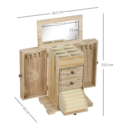 Homcom Caja Joyero De Madera De 4 Niveles Con 2 Cajones Espejo Natural