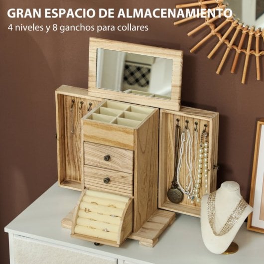 Homcom Caja Joyero De Madera De 4 Niveles Con 2 Cajones Espejo Natural