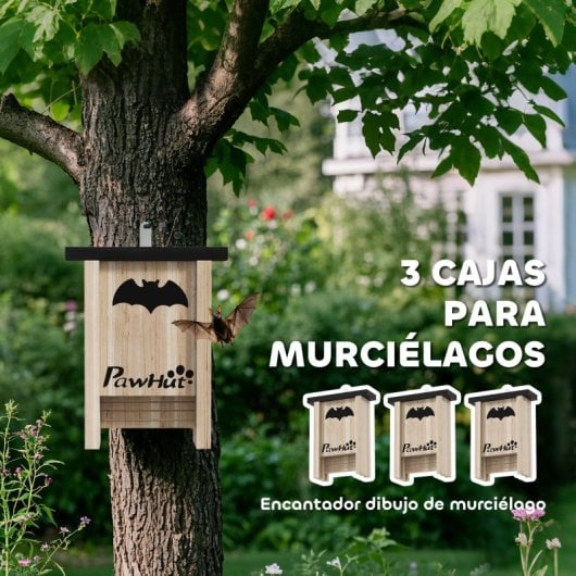 Pawhut Pack De 3 Casas Para Murciélagos De Madera Para Exterior Jardín Natural