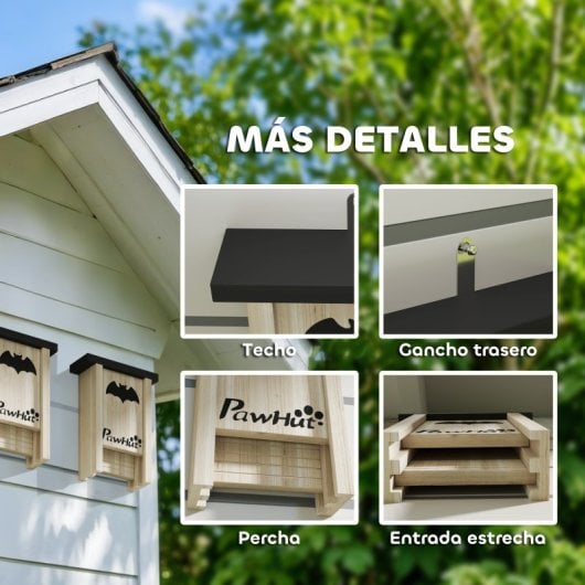 Pawhut Pack De 3 Casas Para Murciélagos De Madera Para Exterior Jardín Natural