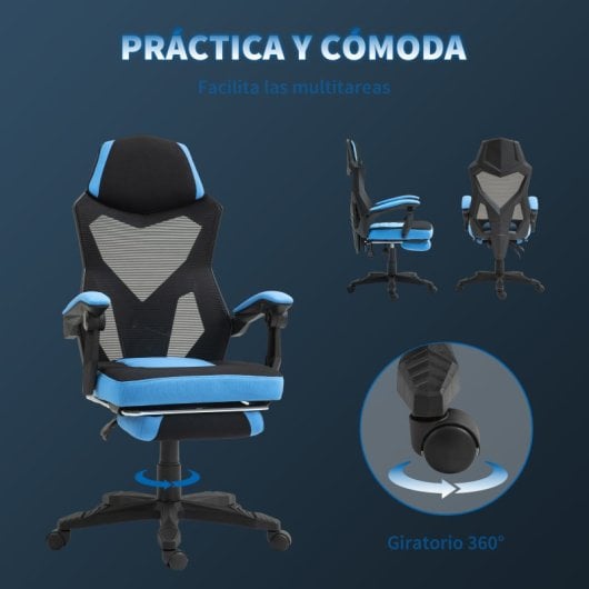 Vinsetto Silla Gaming Con Reposapiés Retráctil Respaldo Reclinable Azul