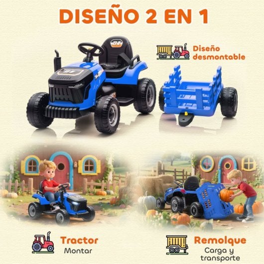 Aiyaplay Tractor Eléctrico Para Niños Con Remolque Desmontable Azul