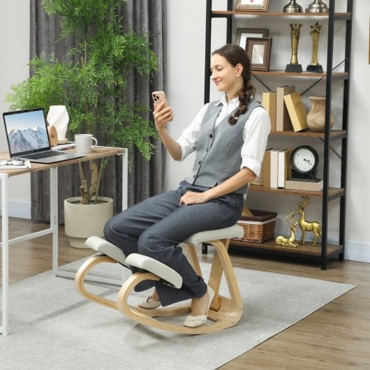 Homcom Silla Ergonómica De Rodillas Con Respaldo Marco De Madera Crema