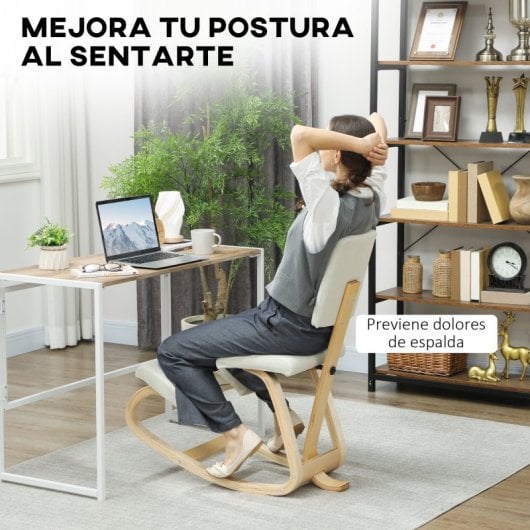 Homcom Silla Ergonómica De Rodillas Con Respaldo Marco De Madera Crema