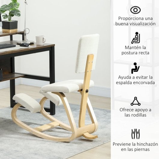 Homcom Silla Ergonómica De Rodillas Con Respaldo Marco De Madera Crema