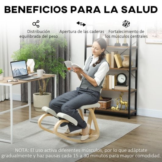 Homcom Silla Ergonómica De Rodillas Con Respaldo Marco De Madera Crema