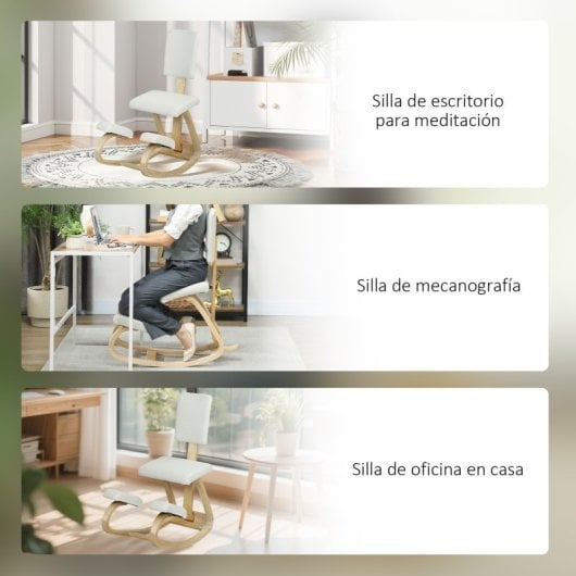 Homcom Silla Ergonómica De Rodillas Con Respaldo Marco De Madera Crema
