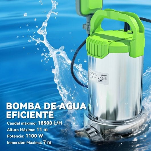 Outsunny Bomba De Aguas Sucias 1100w Con Capacidad De 18000 L/h Y Interruptor