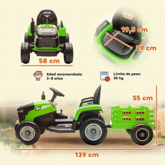 Aiyaplay Tractor Eléctrico Para Niños Con Remolque Desmontable Verde