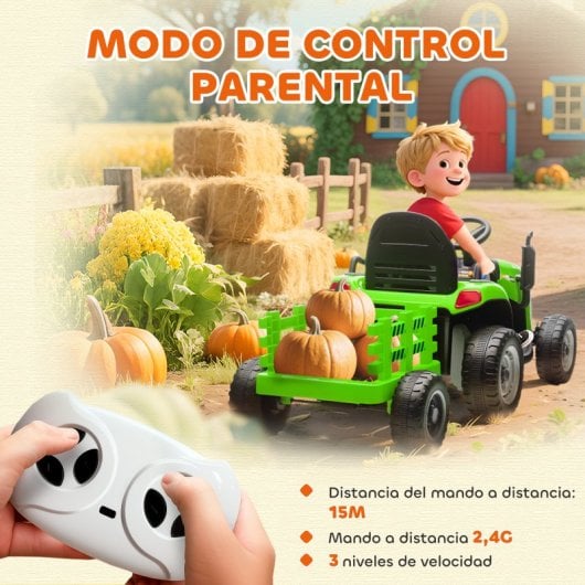 Aiyaplay Tractor Eléctrico Para Niños Con Remolque Desmontable Verde