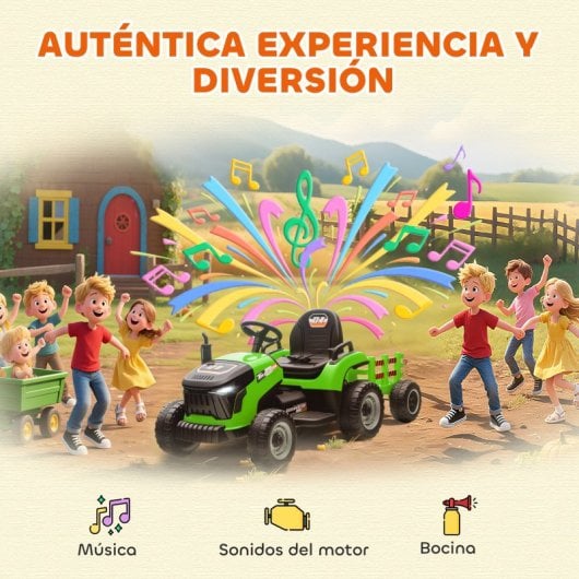 Aiyaplay Tractor Eléctrico Para Niños Con Remolque Desmontable Verde