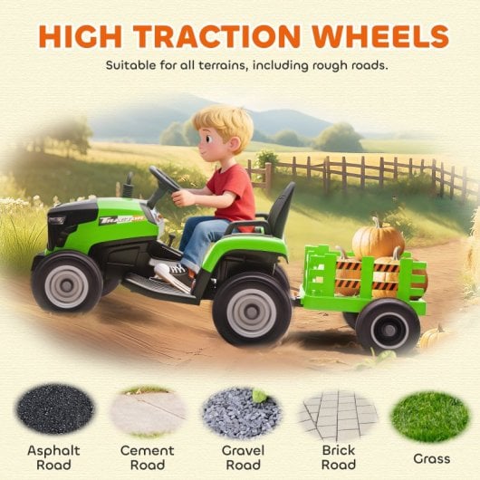 Aiyaplay Tractor Eléctrico Para Niños Con Remolque Desmontable Verde