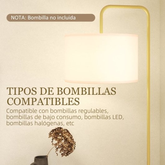 Homcom Lámpara De Pie 40?w Con Pantalla De Lino 64x38x163,5 Cm Blanco Y Dorado