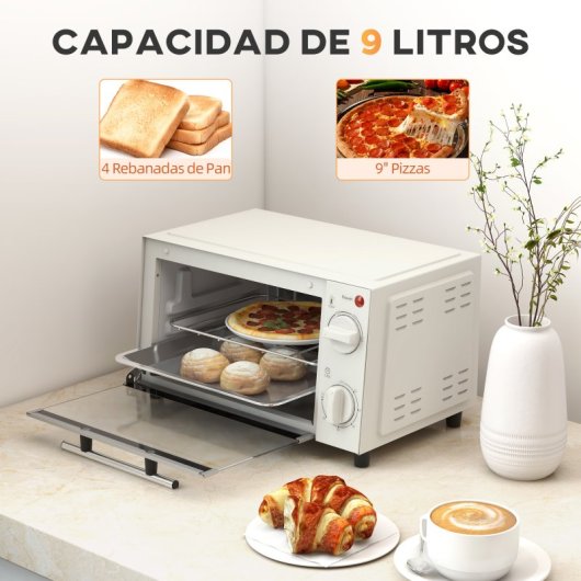 Homcom Mini Horno Eléctrico 9l 50w Con Temperatura Ajustable Temporizador Crema