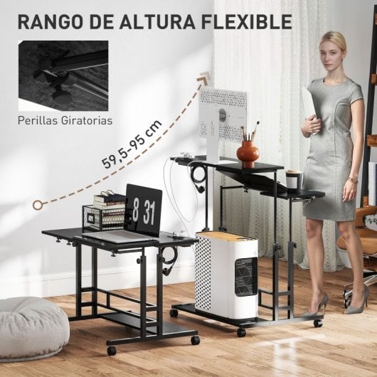 Homcom Escritorio Elevable Con Ruedas Enchufes Puertos Usb Y Altura Ajustable