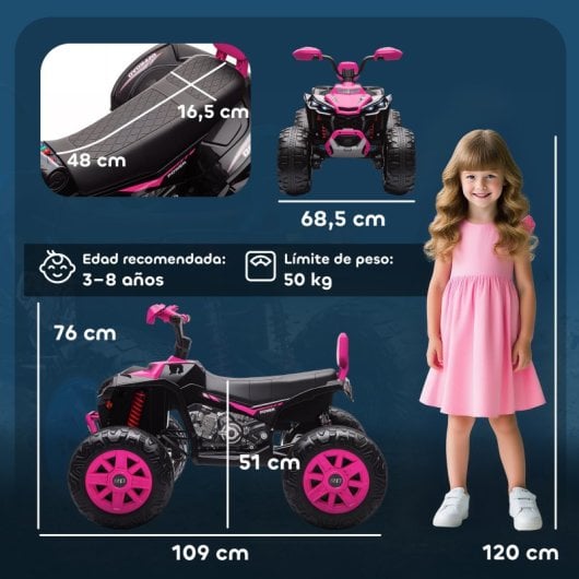 Aiyaplay Quad Eléctrico Para Niños De 3-8 Años 24v Con 2 Motores Rosa