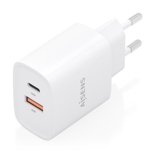 Cargador GaN AISENS A110-0952 30W 1xUSB-C PD3.0 QC4.0 1xUSB-A QC3.0 Blanco
