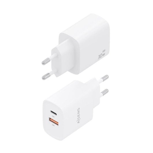 Cargador GaN AISENS A110-0952 30W 1xUSB-C PD3.0 QC4.0 1xUSB-A QC3.0 Blanco