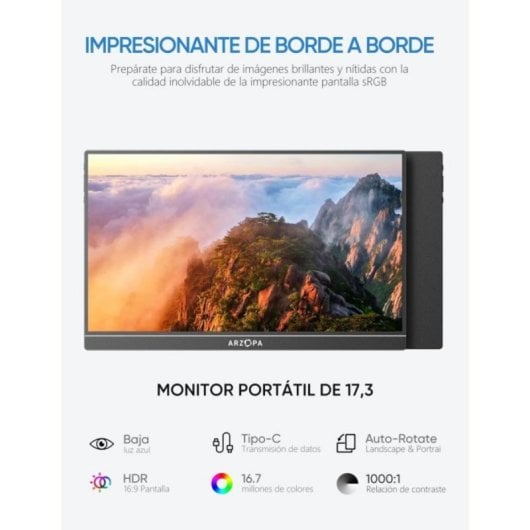 ARZOPA AR-A1M-P Monitor Ultra-fino Portátil 17.3" FullHD 1080P 60Hz IPS HDR Altifalantes