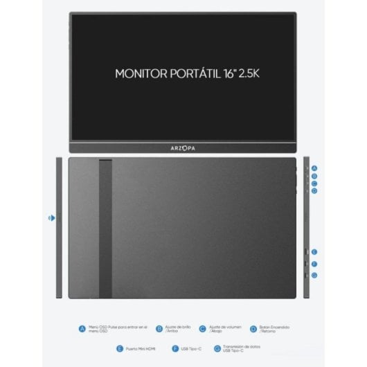 ARZOPA AR-ZIRC-P Monitor Portátil 16" 2.5K 60Hz IPS HDR 120% sRGB com Altifalantes, USB-C e HDMI