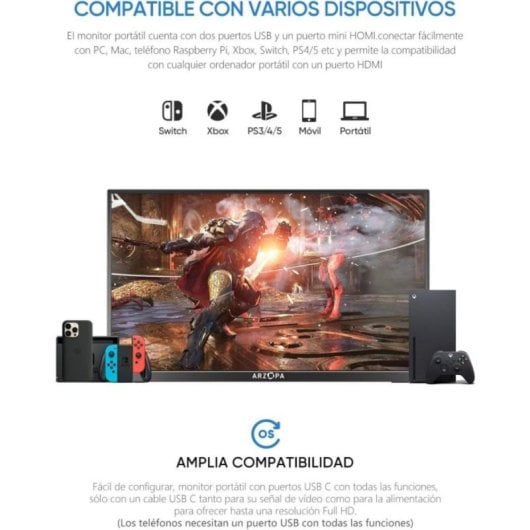ARZOPA AR-AIGAM-S-P Monitor Portátil 14" FHD 60Hz IPS HDR com Altifalantes Duplos, USB-C/HDMI/MiniDP
