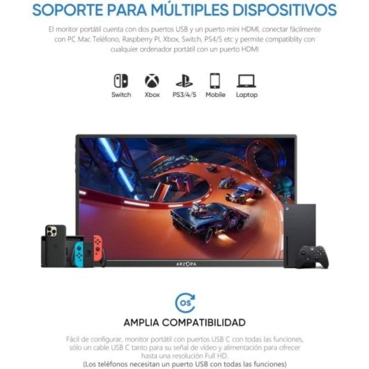 ARZOPA AR-A1S-P Monitor Portátil 14" FullHD 60Hz IPS HDR USB-C MiniDP com Altifalantes e Suporte