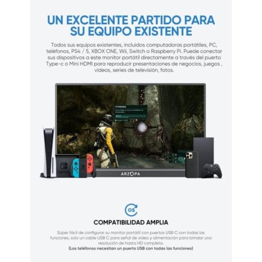 ARZOPA AR-A1GAM-P Monitor Portátil 14" FullHD 60Hz IPS HDR com USB-C, HDMI, MiniDP e Altifalantes