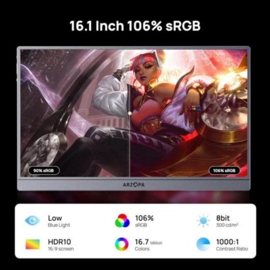 Arzopa ARZ1FCG Monitor Portátil 16.1" FullHD 144Hz IPS sRGB 106% em Alumínio com USB-C e Mini-HDMI