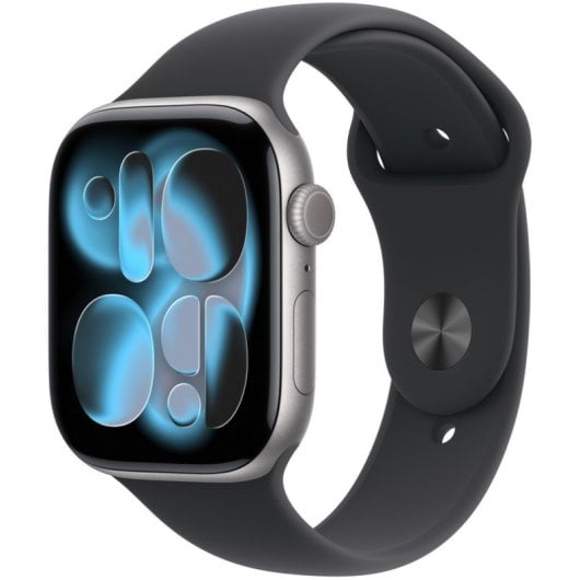 Apple Watch Series 11 GPS + Cellular 46 mm, boîtier en aluminium gris sidéral avec bracelet sport noir M/L