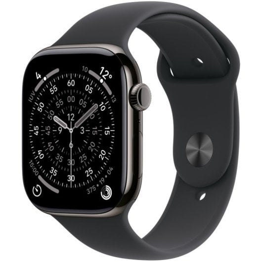 Apple Watch Series 11 GPS + Cellular 46 mm, boîtier en titane ardoise avec bracelet sport noir M/L
