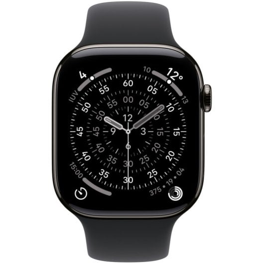Apple Watch Series 11 GPS + Cellular 46 mm, boîtier en titane ardoise avec bracelet sport noir M/L