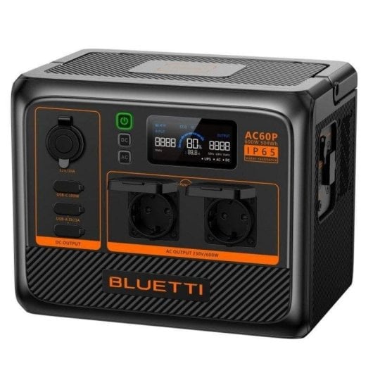 Station d’energie Bluetti AC60P 504Wh 1 port AC 2 USB-A 1 USB-C Batterie LiFePO4 IP65 Écran LCD Contrôle WiFi Compatible solaire