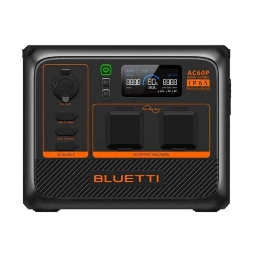 Station d’energie Bluetti AC60P 504Wh 1 port AC 2 USB-A 1 USB-C Batterie LiFePO4 IP65 Écran LCD Contrôle WiFi Compatible solaire