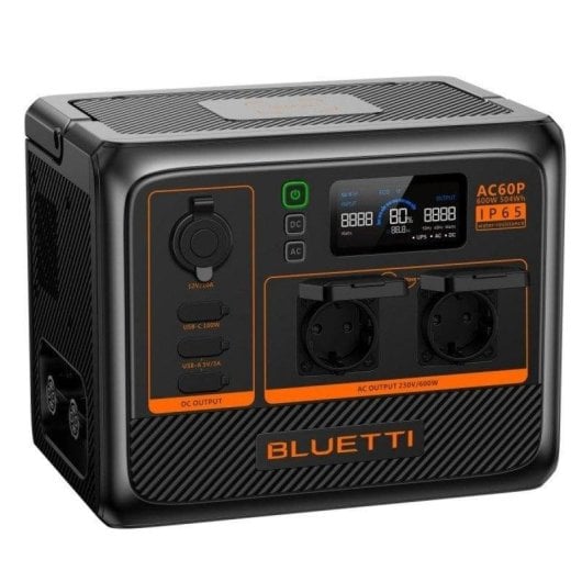 Station d’energie Bluetti AC60P 504Wh 1 port AC 2 USB-A 1 USB-C Batterie LiFePO4 IP65 Écran LCD Contrôle WiFi Compatible solaire