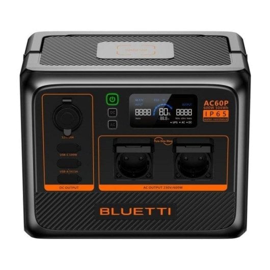 Station d’energie Bluetti AC60P 504Wh 1 port AC 2 USB-A 1 USB-C Batterie LiFePO4 IP65 Écran LCD Contrôle WiFi Compatible solaire