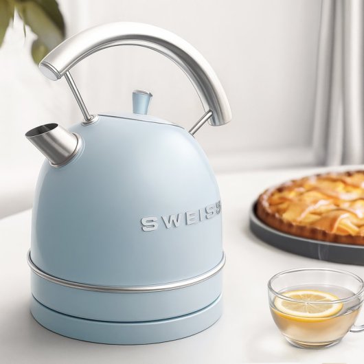 Chaleira elétrica vintage 1,8 L aço inoxidável compacta, prática 2200 W, azul.