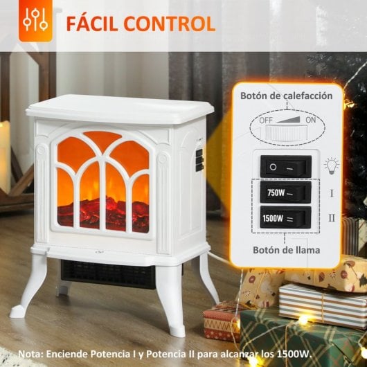 Homcom Chimenea Eléctrica De Pie 750/1500 W Área De Cobertura 15-20 M² Blanco