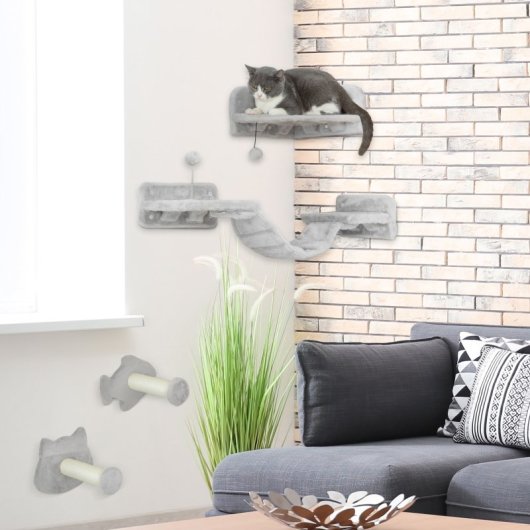 Pawhut Juego De Pared De Escalada Para Gatos De 4 Piezas Con Plataformas Gris