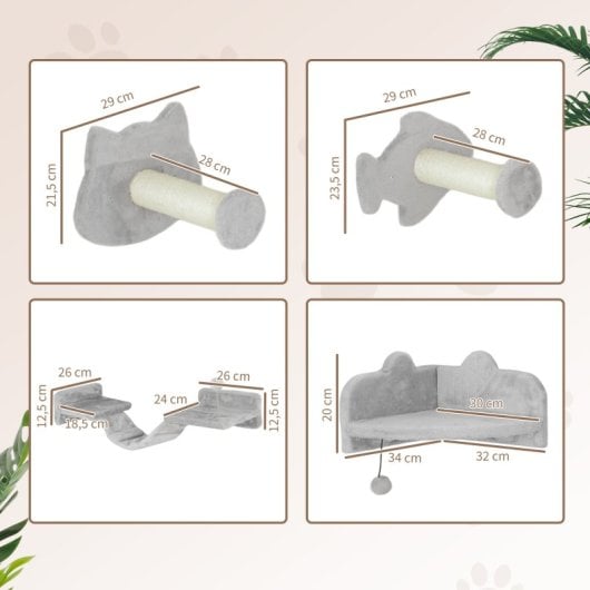 Pawhut Juego De Pared De Escalada Para Gatos De 4 Piezas Con Plataformas Gris