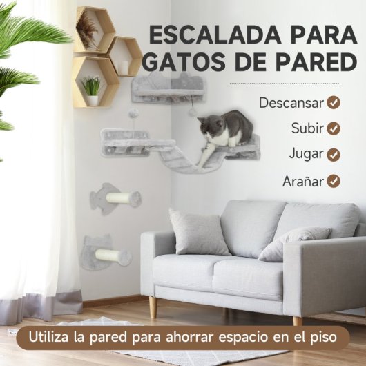 Pawhut Juego De Pared De Escalada Para Gatos De 4 Piezas Con Plataformas Gris